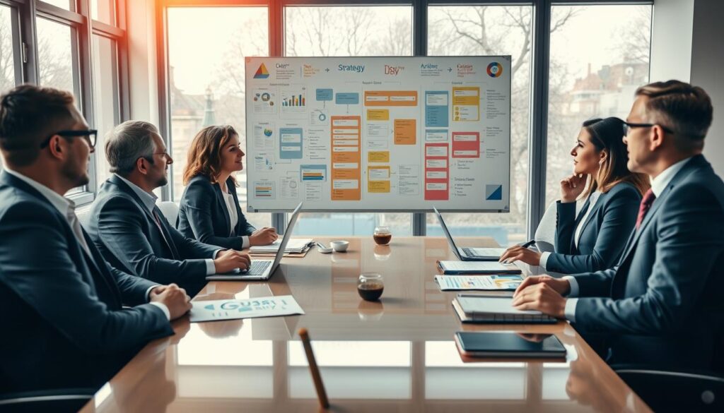 A professional business meeting scene showcasing various types of methodology competencies. In the foreground, a diverse group of four individuals, each dressed in smart business attire, engage in discussion around a polished conference table with laptops, notebooks, and colorful charts. The middle layer includes a whiteboard filled with strategy flowcharts, mind maps, and kanban boards, illustrating brainstorming methods and project management techniques. In the background, large windows allow natural light to flood the room, creating a bright and inviting atmosphere. The image is shot with a Sony A7R IV at 70mm, ensuring sharp detail and clarity, with a polarized filter enhancing colors. The overall mood is dynamic, collaborative, and focused on growth and learning. A professional business meeting scene showcasing various types of methodology competencies. In the foreground, a diverse group of four individuals, each dressed in smart business attire, engage in discussion around a polished conference table with laptops, notebooks, and colorful charts. The middle layer includes a whiteboard filled with strategy flowcharts, mind maps, and kanban boards, illustrating brainstorming methods and project management techniques. In the background, large windows allow natural light to flood the room, creating a bright and inviting atmosphere. The image is shot with a Sony A7R IV at 70mm, ensuring sharp detail and clarity, with a polarized filter enhancing colors. The overall mood is dynamic, collaborative, and focused on growth and learning.