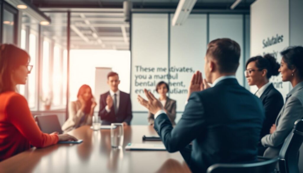 A professional business setting showcasing the significance of salutations in communication. In the foreground, a diverse group of business professionals in smart attire engages in a conversation over a conference table, with a subtle focus on their body language reflecting respect and formality. In the middle ground, a blurred but elegant backdrop of a modern office, featuring glass windows allowing natural light to illuminate the space, enhancing the atmosphere of professionalism. The background conveys motivational elements, like motivational quotes on the walls. The image is shot with a Sony A7R IV at 70mm, ensuring clear focus and sharply defined details, complemented by a polarized filter to enhance color saturation and contrast. The overall mood is polished, encouraging, and conducive to productive business communication. A professional business setting showcasing the significance of salutations in communication. In the foreground, a diverse group of business professionals in smart attire engages in a conversation over a conference table, with a subtle focus on their body language reflecting respect and formality. In the middle ground, a blurred but elegant backdrop of a modern office, featuring glass windows allowing natural light to illuminate the space, enhancing the atmosphere of professionalism. The background conveys motivational elements, like motivational quotes on the walls. The image is shot with a Sony A7R IV at 70mm, ensuring clear focus and sharply defined details, complemented by a polarized filter to enhance color saturation and contrast. The overall mood is polished, encouraging, and conducive to productive business communication.