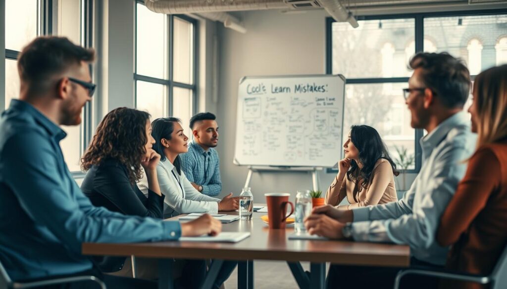 A professional office environment depicting a diverse group of colleagues engaged in a constructive discussion around a table, highlighting a culture of open communication and learning from mistakes. In the foreground, several individuals in professional attire express thoughtful gestures, showcasing empathy and collaboration. In the middle ground, a whiteboard filled with brainstorming ideas and notes, further emphasizing the importance of nurturing a positive atmosphere. The background features large windows letting in soft, natural light, creating an inviting and warm atmosphere. Shot on a Sony A7R IV at 70mm, with a clearly focused and sharply defined image using a polarized filter, conveying a sense of unity and positivity in a work setting. A professional office environment depicting a diverse group of colleagues engaged in a constructive discussion around a table, highlighting a culture of open communication and learning from mistakes. In the foreground, several individuals in professional attire express thoughtful gestures, showcasing empathy and collaboration. In the middle ground, a whiteboard filled with brainstorming ideas and notes, further emphasizing the importance of nurturing a positive atmosphere. The background features large windows letting in soft, natural light, creating an inviting and warm atmosphere. Shot on a Sony A7R IV at 70mm, with a clearly focused and sharply defined image using a polarized filter, conveying a sense of unity and positivity in a work setting.