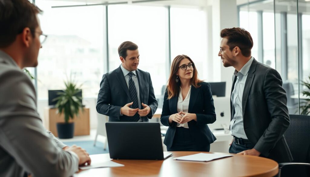 A professional office environment featuring three colleagues engaged in a constructive conflict resolution discussion. In the foreground, two individuals, a man and a woman, both dressed in smart business attire, are actively listening to each other's perspectives, demonstrating open body language. The middle ground shows a round table with notes and a laptop, subtly indicating a collaborative atmosphere. In the background, a bright office space with large windows allowing natural light to flood in, enhancing the mood of positivity and teamwork. The scene is shot with a Sony A7R IV at 70mm, ensuring a clearly focused and sharply defined image, with a polarized filter to enhance the lighting and colors. The overall atmosphere conveys professionalism, understanding, and a commitment to resolving differences amicably. A professional office environment featuring three colleagues engaged in a constructive conflict resolution discussion. In the foreground, two individuals, a man and a woman, both dressed in smart business attire, are actively listening to each other's perspectives, demonstrating open body language. The middle ground shows a round table with notes and a laptop, subtly indicating a collaborative atmosphere. In the background, a bright office space with large windows allowing natural light to flood in, enhancing the mood of positivity and teamwork. The scene is shot with a Sony A7R IV at 70mm, ensuring a clearly focused and sharply defined image, with a polarized filter to enhance the lighting and colors. The overall atmosphere conveys professionalism, understanding, and a commitment to resolving differences amicably.