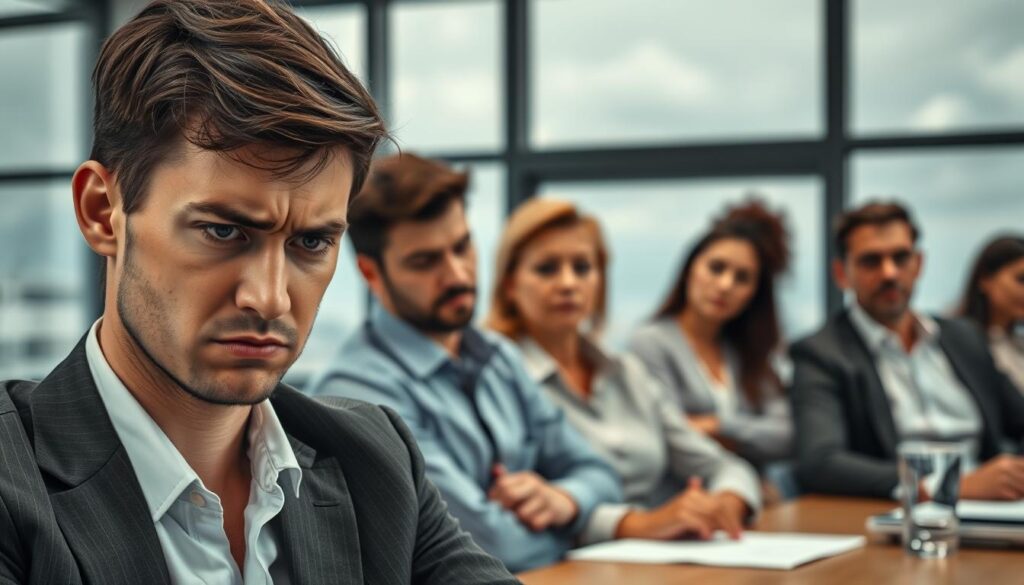 A professional office environment, showcasing a diverse group of employees sitting at their desks, looking frustrated and disengaged. The foreground features a close-up of a stressed individual in business attire, displaying a furrowed brow and a thoughtful pose. In the middle, several colleagues are seen with slumped shoulders and frowning expressions, reflecting a lack of motivation. The background shows a window with gray skies outside, hinting at a dreary atmosphere. Soft, diffused lighting creates a subdued ambiance, emphasizing the mood of hopelessness and stagnation in their career. Shot on a Sony A7R IV with a 70mm lens, the image is clearly focused, sharply defined, and carefully balanced using a polarized filter to enhance details and soften any harsh reflections. A professional office environment, showcasing a diverse group of employees sitting at their desks, looking frustrated and disengaged. The foreground features a close-up of a stressed individual in business attire, displaying a furrowed brow and a thoughtful pose. In the middle, several colleagues are seen with slumped shoulders and frowning expressions, reflecting a lack of motivation. The background shows a window with gray skies outside, hinting at a dreary atmosphere. Soft, diffused lighting creates a subdued ambiance, emphasizing the mood of hopelessness and stagnation in their career. Shot on a Sony A7R IV with a 70mm lens, the image is clearly focused, sharply defined, and carefully balanced using a polarized filter to enhance details and soften any harsh reflections.