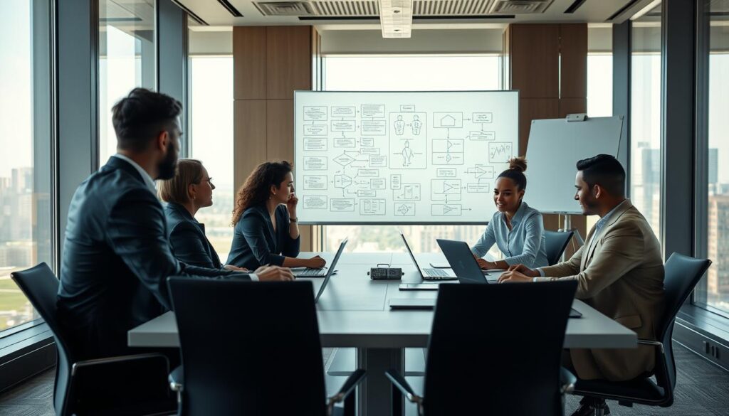 A professional office environment showcasing logical thinking in action. In the foreground, a diverse group of four well-dressed professionals engaged in a brainstorming session around a sleek conference table, utilizing laptops and charts. The middle layer features a whiteboard filled with flowcharts and diagrams representing problem-solving techniques. In the background, a large window allows natural light to flood the room, illuminating the sleek, modern decor, and city skyline. Shot on a Sony A7R IV at 70mm, the image is sharply defined with vibrant colors, creating a focused atmosphere of collaboration and intellectual engagement. The mood is dynamic and energetic, emphasizing teamwork and the importance of logic in business decision-making.