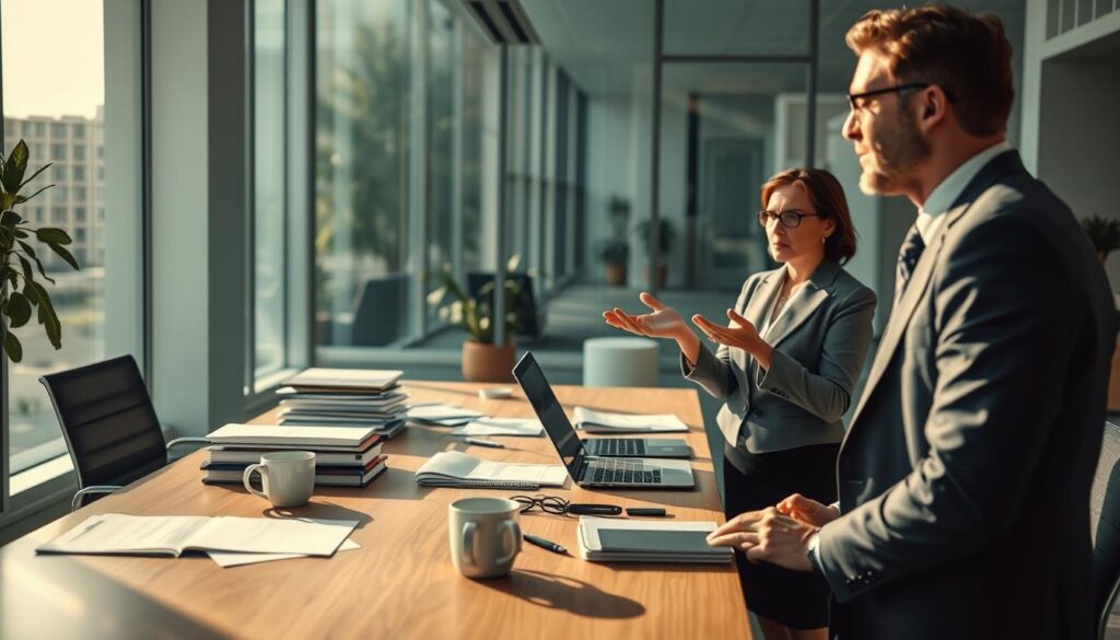A professional office setting depicting a serious conversation between a manager and an employee. In the foreground, a man in a well-fitted suit leans forward, listening intently with a focused expression, while a woman in business attire gestures thoughtfully as she presents her ideas. In the middle ground, a sleek modern desk cluttered with documents, laptops, and coffee cups symbolizes a busy work environment. The background shows large windows with natural light streaming in, casting soft shadows and adding warmth to the scene. The atmosphere is tense yet hopeful, conveying the essence of open dialogue. Shot on a Sony A7R IV at 70mm, the image is sharply defined with a polarized filter emphasizing the clarity and professionalism of the moment. A professional office setting depicting a serious conversation between a manager and an employee. In the foreground, a man in a well-fitted suit leans forward, listening intently with a focused expression, while a woman in business attire gestures thoughtfully as she presents her ideas. In the middle ground, a sleek modern desk cluttered with documents, laptops, and coffee cups symbolizes a busy work environment. The background shows large windows with natural light streaming in, casting soft shadows and adding warmth to the scene. The atmosphere is tense yet hopeful, conveying the essence of open dialogue. Shot on a Sony A7R IV at 70mm, the image is sharply defined with a polarized filter emphasizing the clarity and professionalism of the moment.