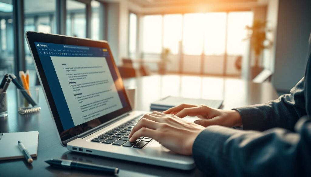 A professional office setting featuring a desk with an open laptop displaying the Microsoft Word interface, surrounded by neatly arranged stationery, like pens and notepads. Foreground: a close-up of a business professional's hands typing on the laptop keyboard, wearing business attire. Middle ground: a blurred background of a modern office, with a window showing a bright sky and cityscape. The lighting is bright and natural, creating a productive atmosphere. The image is shot with a Sony A7R IV at 70mm, using a polarized filter for clarity and sharpness. Focus on capturing the essence of professional work and collaboration in the use of MS Word, reflecting an engaged, dynamic work environment. A professional office setting featuring a desk with an open laptop displaying the Microsoft Word interface, surrounded by neatly arranged stationery, like pens and notepads. Foreground: a close-up of a business professional's hands typing on the laptop keyboard, wearing business attire. Middle ground: a blurred background of a modern office, with a window showing a bright sky and cityscape. The lighting is bright and natural, creating a productive atmosphere. The image is shot with a Sony A7R IV at 70mm, using a polarized filter for clarity and sharpness. Focus on capturing the essence of professional work and collaboration in the use of MS Word, reflecting an engaged, dynamic work environment.