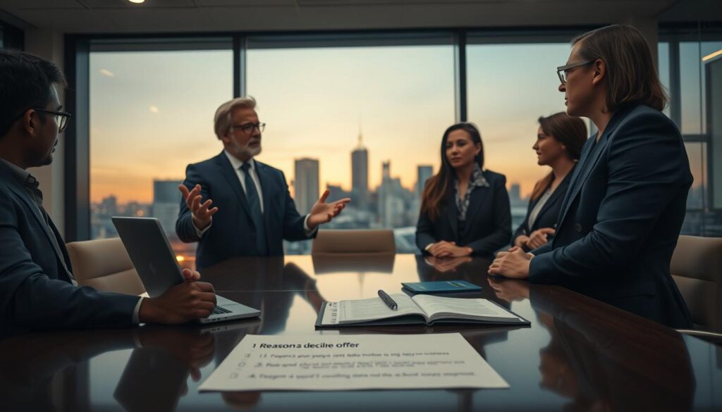 A professional office setting featuring a diverse group of individuals engaged in a thoughtful discussion about job offers. In the foreground, a middle-aged man in a sharp navy suit gestures while explaining the reasons for declining a job offer. Beside him, a young woman in business attire nods in agreement, showing attentiveness. In the middle, a large, polished conference table displays an open laptop and a notepad with bullet points titled "Reasons to Decline Job Offer." The background reveals a well-lit office with large windows overlooking a cityscape at dusk, casting a warm glow. The atmosphere is contemplative yet professional, enhancing the serious nature of the conversation. The image is shot on a Sony A7R IV at 70mm, clearly focused, sharply defined, with a polarized filter to enhance colors and contrasts. A professional office setting featuring a diverse group of individuals engaged in a thoughtful discussion about job offers. In the foreground, a middle-aged man in a sharp navy suit gestures while explaining the reasons for declining a job offer. Beside him, a young woman in business attire nods in agreement, showing attentiveness. In the middle, a large, polished conference table displays an open laptop and a notepad with bullet points titled "Reasons to Decline Job Offer." The background reveals a well-lit office with large windows overlooking a cityscape at dusk, casting a warm glow. The atmosphere is contemplative yet professional, enhancing the serious nature of the conversation. The image is shot on a Sony A7R IV at 70mm, clearly focused, sharply defined, with a polarized filter to enhance colors and contrasts.