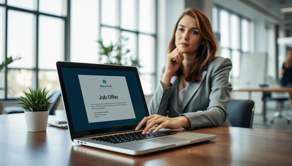 A professional office setting featuring a woman seated at a modern desk, dressed in business attire, with a thoughtful expression as she reviews a job offer email on her laptop. In the foreground, a sleek laptop displays a digital document titled "Job Offer," with a close-up of her hand hovering over the keyboard, preparing to type a response. The middle ground includes a stylish chair and a potted plant, reflecting a clean and organized workspace. In the background, large windows let in soft natural light, creating a serene and contemplative atmosphere. The image is shot with a Sony A7R IV at 70mm, clearly focused, with a polarized filter enhancing the colors and details. A professional office setting featuring a woman seated at a modern desk, dressed in business attire, with a thoughtful expression as she reviews a job offer email on her laptop. In the foreground, a sleek laptop displays a digital document titled "Job Offer," with a close-up of her hand hovering over the keyboard, preparing to type a response. The middle ground includes a stylish chair and a potted plant, reflecting a clean and organized workspace. In the background, large windows let in soft natural light, creating a serene and contemplative atmosphere. The image is shot with a Sony A7R IV at 70mm, clearly focused, with a polarized filter enhancing the colors and details.