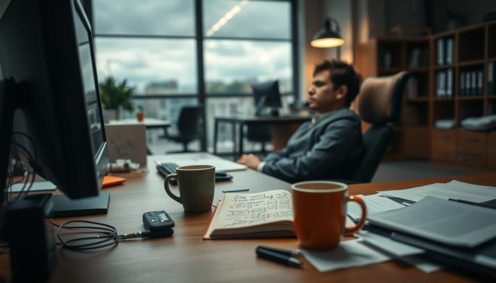 A professional office setting in the foreground showing a bored employee in business attire leaning back in their chair, staring blankly at a computer screen. The employee's posture is slouched, with a tired expression, emphasizing feelings of boredom. In the middle ground, a cluttered desk with an open notebook filled with doodles, a half-empty coffee cup, and scattered papers, suggesting distractions and lack of engagement. In the background, a softly lit office environment with a view of a window showing a gray sky, hinting at an uninspiring workday. The lighting is warm yet dim, creating a subtle melancholic atmosphere. Shot on a Sony A7R IV at 70mm, ensuring a clear focus on the subject while softly blurring the background, using a polarized filter to enhance color and detail. A professional office setting in the foreground showing a bored employee in business attire leaning back in their chair, staring blankly at a computer screen. The employee's posture is slouched, with a tired expression, emphasizing feelings of boredom. In the middle ground, a cluttered desk with an open notebook filled with doodles, a half-empty coffee cup, and scattered papers, suggesting distractions and lack of engagement. In the background, a softly lit office environment with a view of a window showing a gray sky, hinting at an uninspiring workday. The lighting is warm yet dim, creating a subtle melancholic atmosphere. Shot on a Sony A7R IV at 70mm, ensuring a clear focus on the subject while softly blurring the background, using a polarized filter to enhance color and detail.