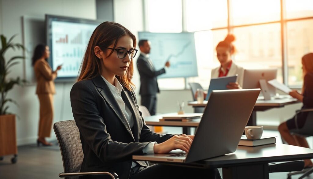 A professional office setting showcasing a diverse group of individuals engaged in various tasks using Microsoft Office applications. In the foreground, a focused young woman in a tailored business suit is typing on her laptop, with Excel spreadsheets visible on her screen. The middle ground features a man presenting data on a large screen, creating a dynamic collaboration atmosphere, while a woman reviews a Word document at her desk, surrounded by office supplies. The background shows a modern office with large windows allowing soft natural light to filter in, highlighting a sleek, minimalistic design. Shot with a Sony A7R IV at 70mm, the image is clearly focused, sharply defined, and utilizes a polarized filter to enhance colors and details, creating a professional, productive mood. A professional office setting showcasing a diverse group of individuals engaged in various tasks using Microsoft Office applications. In the foreground, a focused young woman in a tailored business suit is typing on her laptop, with Excel spreadsheets visible on her screen. The middle ground features a man presenting data on a large screen, creating a dynamic collaboration atmosphere, while a woman reviews a Word document at her desk, surrounded by office supplies. The background shows a modern office with large windows allowing soft natural light to filter in, highlighting a sleek, minimalistic design. Shot with a Sony A7R IV at 70mm, the image is clearly focused, sharply defined, and utilizes a polarized filter to enhance colors and details, creating a professional, productive mood.