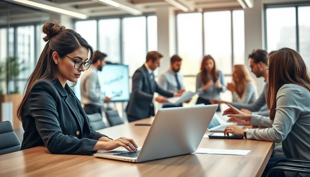 A professional office setting where a diverse group of employees are engaged in dynamic discussions around a large conference table, representing teamwork and collaboration. In the foreground, a focused woman in business attire examines a digital presentation on her laptop, her expression one of curiosity and determination. In the middle ground, colleagues exchange ideas, some pointing at charts and graphs displayed on a screen, reflecting problem-solving and innovative thinking. The background features a bright and modern office with large windows allowing natural light to flood in, creating an inviting atmosphere. The image is shot with a Sony A7R IV at 70mm, sharply defined and with a polarized filter to enhance the vivid colors and details. The mood conveys inspiration and proactive engagement in overcoming workplace challenges. A professional office setting where a diverse group of employees are engaged in dynamic discussions around a large conference table, representing teamwork and collaboration. In the foreground, a focused woman in business attire examines a digital presentation on her laptop, her expression one of curiosity and determination. In the middle ground, colleagues exchange ideas, some pointing at charts and graphs displayed on a screen, reflecting problem-solving and innovative thinking. The background features a bright and modern office with large windows allowing natural light to flood in, creating an inviting atmosphere. The image is shot with a Sony A7R IV at 70mm, sharply defined and with a polarized filter to enhance the vivid colors and details. The mood conveys inspiration and proactive engagement in overcoming workplace challenges.