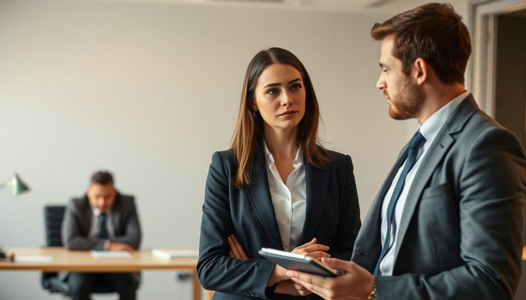 A professional office setting where a group of three employees are in a discussion. In the foreground, a woman in smart business attire looks concerned while holding a notepad, reflecting stress from a conflict with her boss. Next to her, a supportive male colleague is leaning in, offering guidance, with a confident, reassuring expression. In the background, a blurred silhouette of a stern boss can be seen at an office desk, emphasizing authority without being the focus. The lighting is soft and warm, creating a hopeful atmosphere despite the tense subject. Shot with a Sony A7R IV at 70mm, the image is sharply defined with a polarized filter, providing clarity to every detail in this supportive moment. A professional office setting where a group of three employees are in a discussion. In the foreground, a woman in smart business attire looks concerned while holding a notepad, reflecting stress from a conflict with her boss. Next to her, a supportive male colleague is leaning in, offering guidance, with a confident, reassuring expression. In the background, a blurred silhouette of a stern boss can be seen at an office desk, emphasizing authority without being the focus. The lighting is soft and warm, creating a hopeful atmosphere despite the tense subject. Shot with a Sony A7R IV at 70mm, the image is sharply defined with a polarized filter, providing clarity to every detail in this supportive moment.