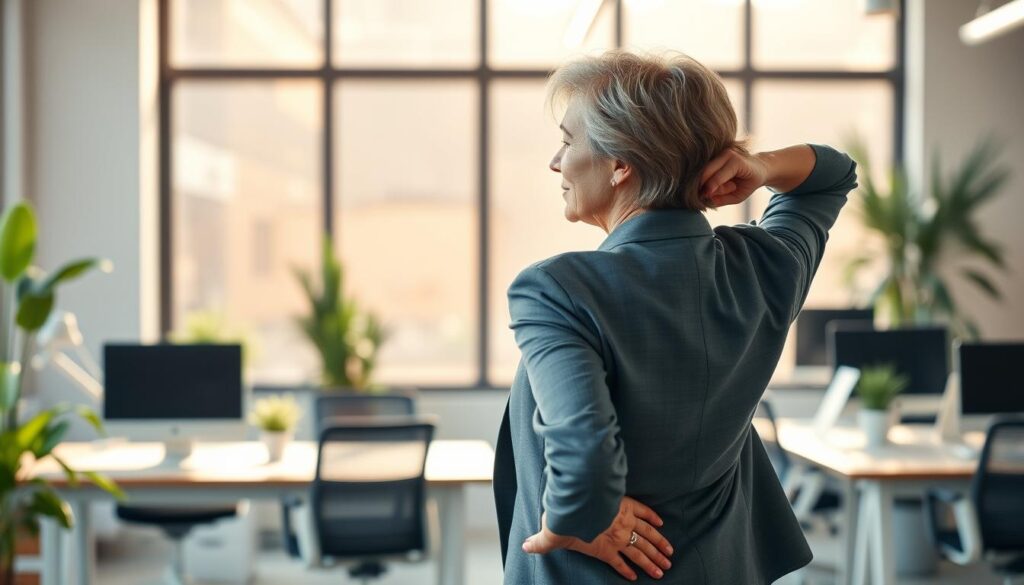 A professional office setting with a mid-aged Caucasian woman in business attire, standing in the foreground, stretching her back in a moment of relief from back pain. In the middle ground, a well-lit workplace with plants and ergonomic furniture emphasizes a positive work environment. The background features a large window with natural sunlight streaming in, creating a warm and inviting atmosphere. The lighting is soft yet bright, highlighting her posture and facial expression, which conveys a sense of rejuvenation and well-being. Shot with a Sony A7R IV at 70mm, the image is sharply defined and clearly focused, utilizing a polarized filter to enhance colors and reduce glare, reflecting the theme of health benefits in the workplace. A professional office setting with a mid-aged Caucasian woman in business attire, standing in the foreground, stretching her back in a moment of relief from back pain. In the middle ground, a well-lit workplace with plants and ergonomic furniture emphasizes a positive work environment. The background features a large window with natural sunlight streaming in, creating a warm and inviting atmosphere. The lighting is soft yet bright, highlighting her posture and facial expression, which conveys a sense of rejuvenation and well-being. Shot with a Sony A7R IV at 70mm, the image is sharply defined and clearly focused, utilizing a polarized filter to enhance colors and reduce glare, reflecting the theme of health benefits in the workplace.