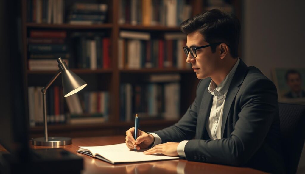 A professional setting depicting a person in business attire sitting at a desk, engaging in self-reflection about performance anxiety. The individual appears contemplative, with a notepad and pen in hand, surrounded by dim, warm lighting that creates an intimate atmosphere. In the background, a softly blurred bookshelf filled with self-help and psychology books hints at themes of self-analysis. Utilize a shallow depth of field, shot with a Sony A7R IV at 70mm, ensuring the subject is sharply defined against the soft bokeh backdrop. The overall mood conveys introspection and focus, with a slight glow from a desk lamp enhancing the sense of contemplation.