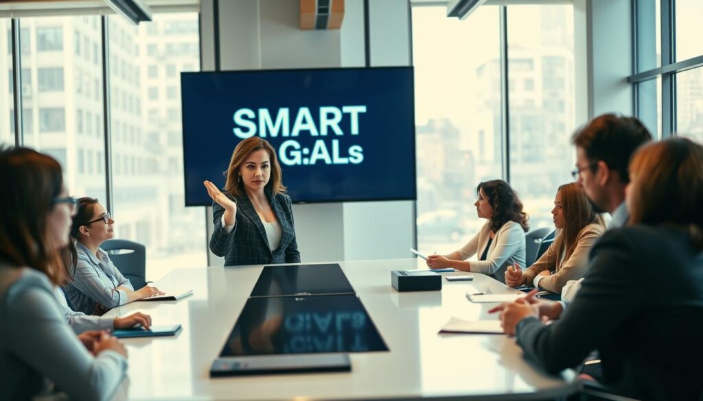 A professional setting with a diverse group of people seated around a sleek conference table, focused on a large digital screen displaying the concept of “SMART Goals”. In the foreground, a confident woman in business attire gestures towards the screen, emphasizing clarity in goal setting. The middle layer features individuals taking notes, engaged in discussion, with a sense of motivation and collaboration. In the background, a bright office environment with large windows allowing natural light to pour in, creating a warm and inspiring atmosphere. Shot on Sony A7R IV at 70mm, sharply defined with a polarized filter, conveying a mood of professionalism and determination. A professional setting with a diverse group of people seated around a sleek conference table, focused on a large digital screen displaying the concept of “SMART Goals”. In the foreground, a confident woman in business attire gestures towards the screen, emphasizing clarity in goal setting. The middle layer features individuals taking notes, engaged in discussion, with a sense of motivation and collaboration. In the background, a bright office environment with large windows allowing natural light to pour in, creating a warm and inspiring atmosphere. Shot on Sony A7R IV at 70mm, sharply defined with a polarized filter, conveying a mood of professionalism and determination.