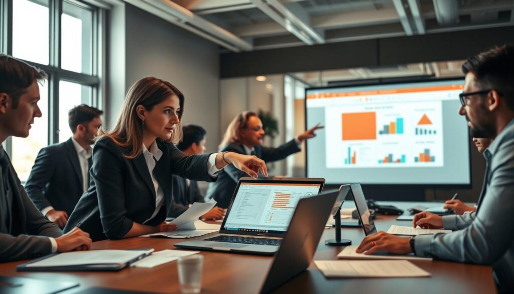 A professional workspace featuring a diverse group of adults, all dressed in smart business attire, collaborating over a large table filled with laptops, documents, and MS Office applications visible on their screens. In the foreground, a confident woman points at a laptop screen displaying an Excel spreadsheet, while a man nearby takes notes. In the middle ground, another team member gestures towards a projector screen showcasing a PowerPoint presentation filled with charts. The background reveals a bright office environment with large windows letting in natural light, creating an uplifting atmosphere. The image captures a sense of teamwork and focus on enhancing MS Office skills. Shot on Sony A7R IV, 70mm, with a polarized filter for clarity and vibrancy. A professional workspace featuring a diverse group of adults, all dressed in smart business attire, collaborating over a large table filled with laptops, documents, and MS Office applications visible on their screens. In the foreground, a confident woman points at a laptop screen displaying an Excel spreadsheet, while a man nearby takes notes. In the middle ground, another team member gestures towards a projector screen showcasing a PowerPoint presentation filled with charts. The background reveals a bright office environment with large windows letting in natural light, creating an uplifting atmosphere. The image captures a sense of teamwork and focus on enhancing MS Office skills. Shot on Sony A7R IV, 70mm, with a polarized filter for clarity and vibrancy.