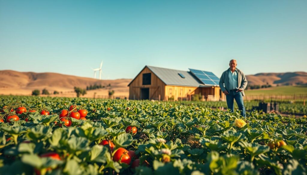 A scenic depiction of sustainability in modern agriculture, showcasing a vibrant, green field in the foreground with diverse crops thriving, such as tomatoes, lettuce, and herbs. Farmers in professional attire diligently work the land, employing eco-friendly techniques like solar panels and organic farming methods. In the middle, a modern barn constructed from sustainable materials, with bees buzzing around flowering plants. In the background, a picturesque landscape features rolling hills, wind turbines, and a clear blue sky, emphasizing the harmony between nature and agriculture. The scene is bathed in warm, natural lighting, captured with a Sony A7R IV at 70mm, ensuring sharp focus and vivid colors, enhancing the hopeful and innovative mood of sustainable farming. A scenic depiction of sustainability in modern agriculture, showcasing a vibrant, green field in the foreground with diverse crops thriving, such as tomatoes, lettuce, and herbs. Farmers in professional attire diligently work the land, employing eco-friendly techniques like solar panels and organic farming methods. In the middle, a modern barn constructed from sustainable materials, with bees buzzing around flowering plants. In the background, a picturesque landscape features rolling hills, wind turbines, and a clear blue sky, emphasizing the harmony between nature and agriculture. The scene is bathed in warm, natural lighting, captured with a Sony A7R IV at 70mm, ensuring sharp focus and vivid colors, enhancing the hopeful and innovative mood of sustainable farming.