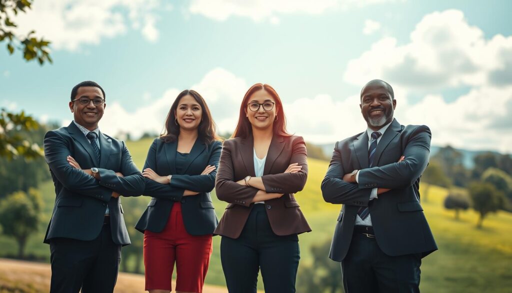 A serene and inspiring scene depicting personal growth and self-esteem enhancement. In the foreground, a diverse group of three adults, dressed in professional business attire, stand confidently with their arms crossed, each displaying a relaxed, empowering demeanor. In the middle ground, a lush green park with gentle hills symbolizes an uplifting environment where nature flourishes. The background features a bright, sunny sky with soft, fluffy clouds, radiating positive energy. The lighting is warm and inviting, casting soft shadows that enhance facial features while a polarized filter helps to create vibrant colors and crisp details. Shot on a Sony A7R IV at 70mm, the focus is sharp, providing clarity and depth, evoking a sense of motivation and resilience.