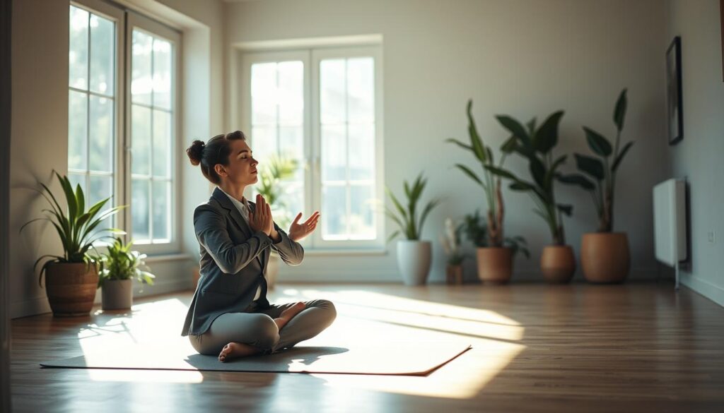 A serene indoor environment showcasing a person practicing body relaxation techniques to combat nervousness. In the foreground, a young adult in professional business attire is performing deep breathing exercises while seated on a yoga mat, exuding calm and focus. In the middle ground, a soft, ambient light filters through large windows, illuminating the relaxed posture and gentle movements. The background features a peaceful room adorned with plants and minimalistic decor for a soothing atmosphere, emphasizing tranquility. Capture the scene with a Sony A7R IV at 70mm, using a polarized filter to enhance clarity and depth, highlighting the interplay of light and shadow, creating a safe and inspiring mood around the techniques depicted.
