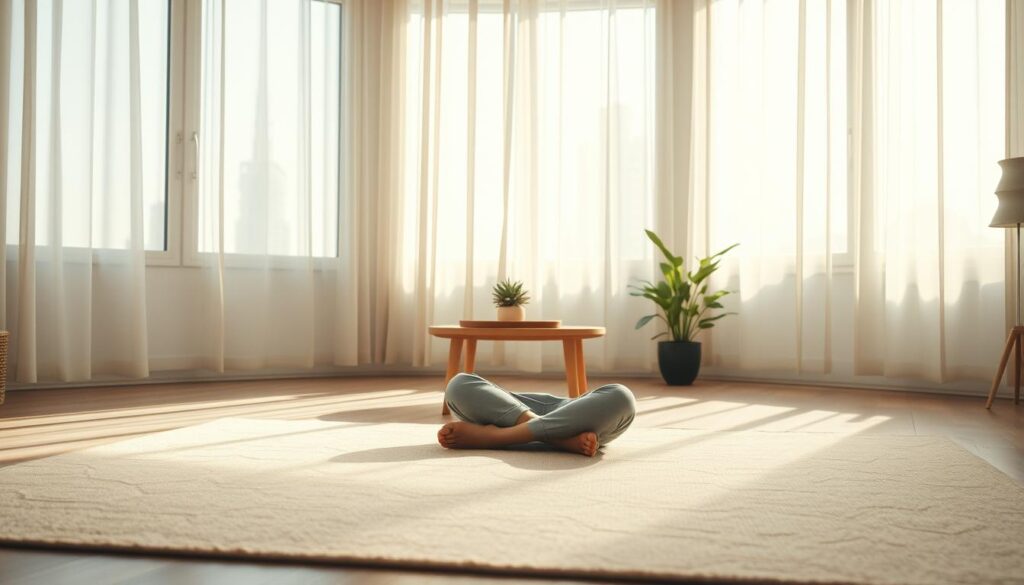 A serene indoor scene depicting a peaceful meditation space filled with natural light. In the foreground, a person in modest casual clothing sits cross-legged on a soft, light-colored rug, eyes gently closed, embodying mindfulness. The middle ground features a small wooden table adorned with a succulent plant and a lit candle, creating a tranquil atmosphere. In the background, large windows allow soft sunlight to filter in through sheer curtains, illuminating the room and casting gentle shadows. The overall mood is calm and introspective, designed to evoke feelings of relaxation and clarity. Captured with a Sony A7R IV at 70mm, the image is sharply defined and well-focused, enhanced with a polarized filter to reduce glare and enrich colors. A serene indoor scene depicting a peaceful meditation space filled with natural light. In the foreground, a person in modest casual clothing sits cross-legged on a soft, light-colored rug, eyes gently closed, embodying mindfulness. The middle ground features a small wooden table adorned with a succulent plant and a lit candle, creating a tranquil atmosphere. In the background, large windows allow soft sunlight to filter in through sheer curtains, illuminating the room and casting gentle shadows. The overall mood is calm and introspective, designed to evoke feelings of relaxation and clarity. Captured with a Sony A7R IV at 70mm, the image is sharply defined and well-focused, enhanced with a polarized filter to reduce glare and enrich colors.