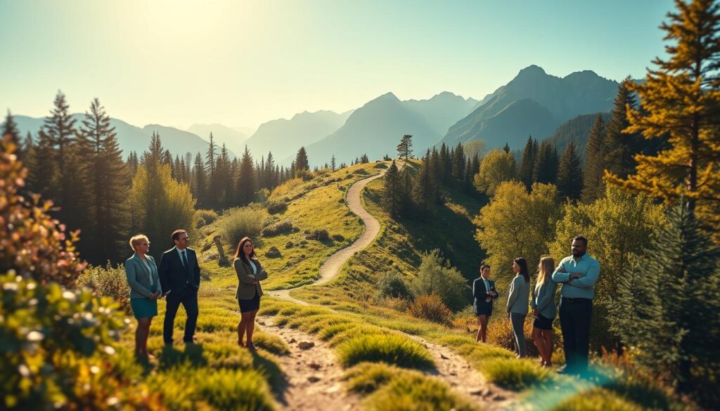 A serene landscape illustrating "Paths to Change," featuring a winding trail through a lush, green forest. In the foreground, a diverse group of individuals dressed in professional business attire stands confidently at the start of the path, symbolizing motivation and hope. In the middle ground, the trail meanders uphill, surrounded by vibrant flora and sunlight filtering through the trees, creating an ethereal glow. In the background, majestic mountains rise against a bright blue sky, signifying opportunity and growth. The lighting should be warm and inviting, captured with a Sony A7R IV at 70mm, with sharply defined details and a polarized filter enhancing the scene's colors and clarity, evoking a mood of inspiration and possibility. A serene landscape illustrating "Paths to Change," featuring a winding trail through a lush, green forest. In the foreground, a diverse group of individuals dressed in professional business attire stands confidently at the start of the path, symbolizing motivation and hope. In the middle ground, the trail meanders uphill, surrounded by vibrant flora and sunlight filtering through the trees, creating an ethereal glow. In the background, majestic mountains rise against a bright blue sky, signifying opportunity and growth. The lighting should be warm and inviting, captured with a Sony A7R IV at 70mm, with sharply defined details and a polarized filter enhancing the scene's colors and clarity, evoking a mood of inspiration and possibility.