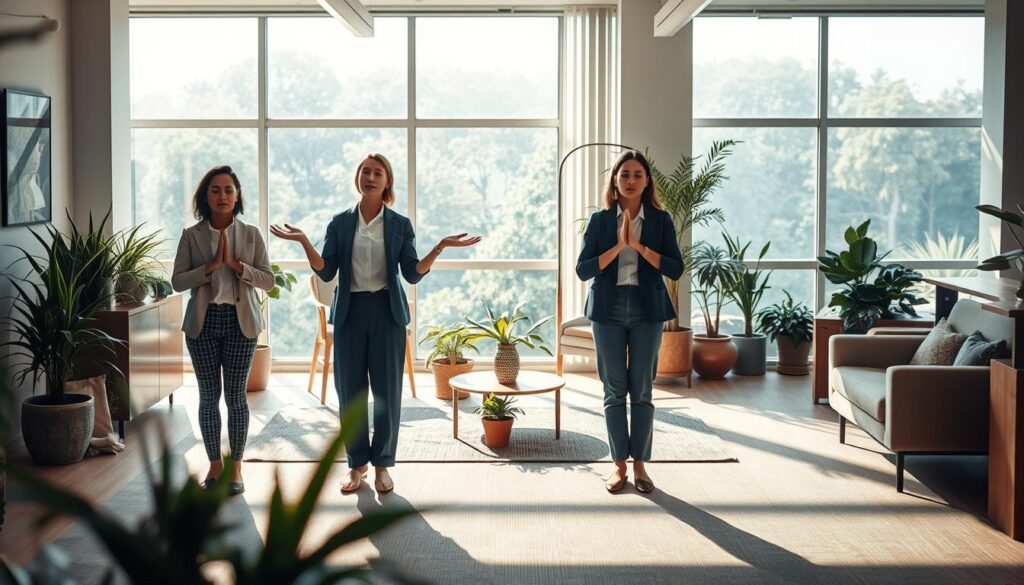 A serene office environment illustrating "Techniques for Relaxation." In the foreground, a diverse group of three professionals in modest casual attire engages in active relaxation techniques, such as deep breathing and gentle stretching. The middle ground features a cozy seating area with plants and calming décor, emphasizing a tranquil atmosphere. Soft, warm lighting filters through large windows, casting gentle shadows that enhance the comforting space. In the background, an inviting view of nature can be seen, suggesting a peaceful escape from a busy workday. The overall mood is calming and rejuvenating, highlighting the importance of microbreaks in daily life. Captured with a Sony A7R IV at 70mm, ensuring sharp focus and clarity, enhanced by a polarized filter. A serene office environment illustrating "Techniques for Relaxation." In the foreground, a diverse group of three professionals in modest casual attire engages in active relaxation techniques, such as deep breathing and gentle stretching. The middle ground features a cozy seating area with plants and calming décor, emphasizing a tranquil atmosphere. Soft, warm lighting filters through large windows, casting gentle shadows that enhance the comforting space. In the background, an inviting view of nature can be seen, suggesting a peaceful escape from a busy workday. The overall mood is calming and rejuvenating, highlighting the importance of microbreaks in daily life. Captured with a Sony A7R IV at 70mm, ensuring sharp focus and clarity, enhanced by a polarized filter.