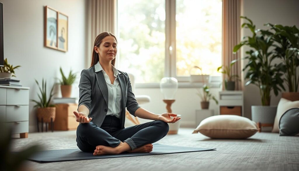 A serene office environment illustrating the concept of self-care for mental health. In the foreground, a professionally dressed woman practices mindfulness, sitting cross-legged on a yoga mat. She has a calm expression, surrounded by calming elements like plants, soft lighting, and a neatly organized workspace. The middle ground features soothing decor, such as a small water fountain and soft cushions, creating a sense of tranquility. The background shows a window with natural light streaming in, highlighting a gentle view of a green garden outside. The atmosphere is peaceful and inviting, encouraging self-care and stress management. Shot on a Sony A7R IV at 70mm, with clear focus, sharp definition, and a polarized filter, capturing the essence of mental well-being in a professional setting. A serene office environment illustrating the concept of self-care for mental health. In the foreground, a professionally dressed woman practices mindfulness, sitting cross-legged on a yoga mat. She has a calm expression, surrounded by calming elements like plants, soft lighting, and a neatly organized workspace. The middle ground features soothing decor, such as a small water fountain and soft cushions, creating a sense of tranquility. The background shows a window with natural light streaming in, highlighting a gentle view of a green garden outside. The atmosphere is peaceful and inviting, encouraging self-care and stress management. Shot on a Sony A7R IV at 70mm, with clear focus, sharp definition, and a polarized filter, capturing the essence of mental well-being in a professional setting.