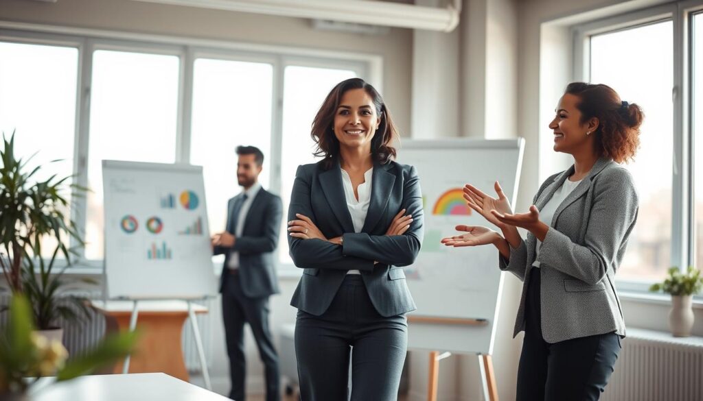 A serene office environment, showcasing a diverse group of three professionals engaged in a transformative workshop to overcome pessimism. In the foreground, a confident woman in professional business attire stands at a whiteboard, illustrating techniques with vibrant charts. To her left, a focused man takes notes, while a smiling woman on the right shares encouraging gestures, creating a supportive atmosphere. The background features large windows letting in soft, natural light that brightens the space, symbolizing hope. The composition emphasizes teamwork and positivity, conveying a renewed mindset. Captured with a Sony A7R IV at 70mm, the image is sharply defined with a polarized filter, enhancing clarity and focus, fostering inspiration and empowerment. A serene office environment, showcasing a diverse group of three professionals engaged in a transformative workshop to overcome pessimism. In the foreground, a confident woman in professional business attire stands at a whiteboard, illustrating techniques with vibrant charts. To her left, a focused man takes notes, while a smiling woman on the right shares encouraging gestures, creating a supportive atmosphere. The background features large windows letting in soft, natural light that brightens the space, symbolizing hope. The composition emphasizes teamwork and positivity, conveying a renewed mindset. Captured with a Sony A7R IV at 70mm, the image is sharply defined with a polarized filter, enhancing clarity and focus, fostering inspiration and empowerment.
