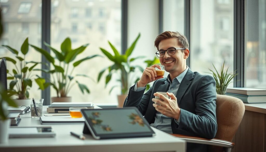 A serene office environment showcasing the concept of well-being through micro-breaks. In the foreground, a young professional in smart casual attire pauses thoughtfully at a cozy corner with a cup of herbal tea, smiling gently as they recharge. The middle ground features a modern desk cluttered with minimalistic stationery and a digital tablet reflecting nature-inspired art. In the background, large windows let in soft natural light, illuminating green plants that enhance the calm atmosphere. The composition is shot on a Sony A7R IV at 70mm, ensuring clear focus and sharp definition, while a polarized filter enhances the colors and contrasts. The overall mood conveys tranquility, relaxation, and rejuvenation, emphasizing the importance of micro-breaks for well-being. A serene office environment showcasing the concept of well-being through micro-breaks. In the foreground, a young professional in smart casual attire pauses thoughtfully at a cozy corner with a cup of herbal tea, smiling gently as they recharge. The middle ground features a modern desk cluttered with minimalistic stationery and a digital tablet reflecting nature-inspired art. In the background, large windows let in soft natural light, illuminating green plants that enhance the calm atmosphere. The composition is shot on a Sony A7R IV at 70mm, ensuring clear focus and sharp definition, while a polarized filter enhances the colors and contrasts. The overall mood conveys tranquility, relaxation, and rejuvenation, emphasizing the importance of micro-breaks for well-being.