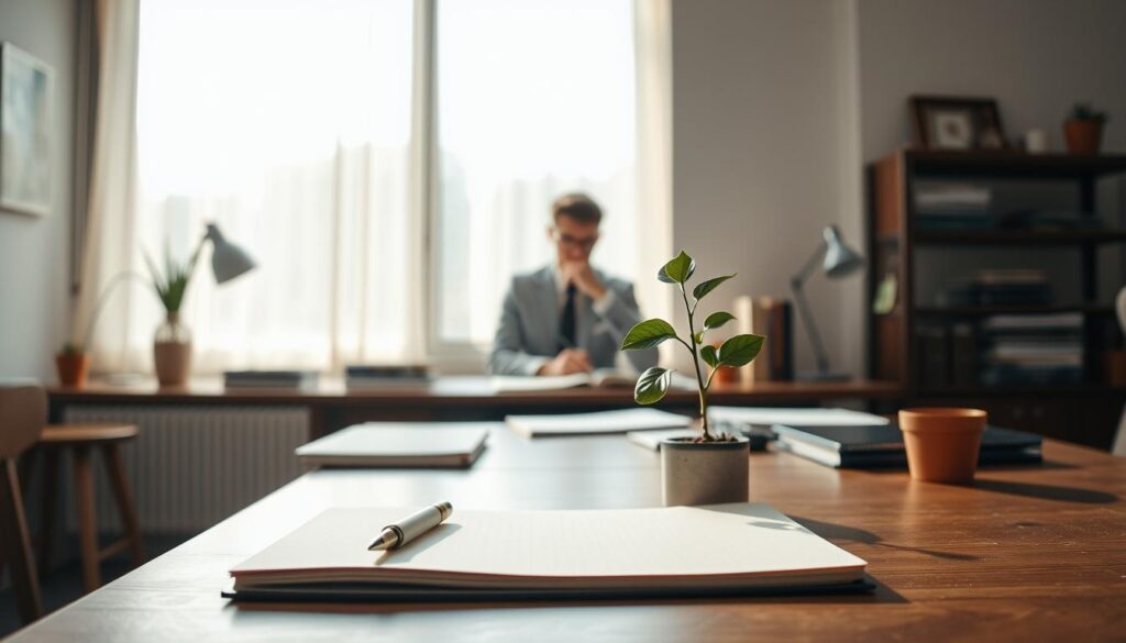 A serene office space illustrating the concept of "Perfectionism." In the foreground, a neatly organized desk with a pristine notebook, a sleek pen, and a plant symbolizing growth and balance. In the middle ground, a thoughtful individual in professional attire, contemplating their work, displaying a focus on detail and organization. The background features a large window allowing soft, diffused natural light to pour in, casting gentle shadows, creating a calm atmosphere. The overall mood conveys introspection and clarity, emphasizing the balance between striving for excellence and being overwhelmed. Shot on a Sony A7R IV at 70mm, ensuring clear focus and sharp definitions, with a polarized filter enhancing the colors and textures.