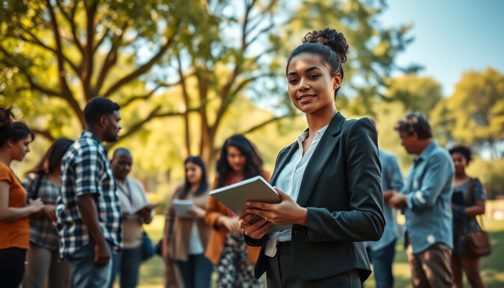 A serene outdoor scene depicting a diverse group of individuals engaged in thoughtful discussions and activities aimed at overcoming feelings of hopelessness. In the foreground, a young woman in professional business attire stands confidently with a notepad, surrounded by people of various backgrounds—some brainstorming ideas, while others share inspiring stories. In the middle background, a lush park setting provides a sense of tranquility, with trees and sunlight filtering through the leaves. In the far background, a clear blue sky symbolizes hope and perspective. The image is shot with a Sony A7R IV at 70mm, using a polarized filter for clarity and vividness, capturing the uplifting mood and collaborative atmosphere of motivation and strategy. A serene outdoor scene depicting a diverse group of individuals engaged in thoughtful discussions and activities aimed at overcoming feelings of hopelessness. In the foreground, a young woman in professional business attire stands confidently with a notepad, surrounded by people of various backgrounds—some brainstorming ideas, while others share inspiring stories. In the middle background, a lush park setting provides a sense of tranquility, with trees and sunlight filtering through the leaves. In the far background, a clear blue sky symbolizes hope and perspective. The image is shot with a Sony A7R IV at 70mm, using a polarized filter for clarity and vividness, capturing the uplifting mood and collaborative atmosphere of motivation and strategy.