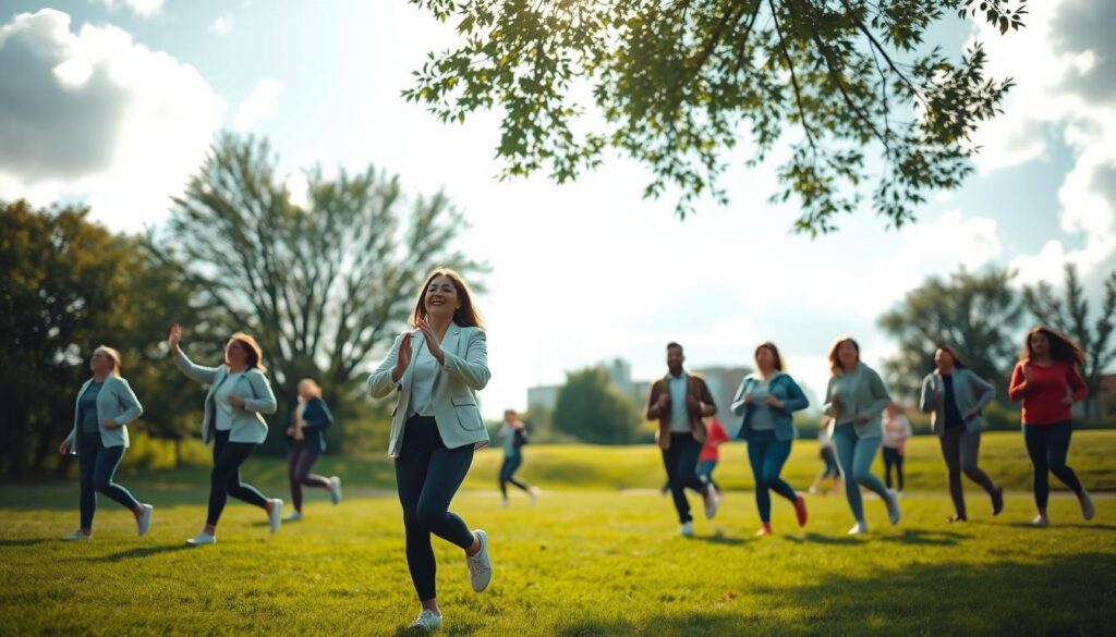 A serene outdoor scene depicting individuals engaged in various physical activities to reduce stress. In the foreground, a diverse group of people in professional casual attire—such as light jackets and comfortable shoes—are practicing yoga, jogging, and stretching on a lush green park lawn. The middle ground features trees swaying gently in the breeze, creating a sense of tranquility, while a bright blue sky with fluffy white clouds fills the background, enhancing the peaceful atmosphere. The lighting is soft and natural, as if captured during the golden hour, bringing warmth to the scene. The image, shot on a Sony A7R IV with a 70mm lens and polarized filter, is sharply defined, focusing on the movements and facial expressions that convey relaxation and joy.