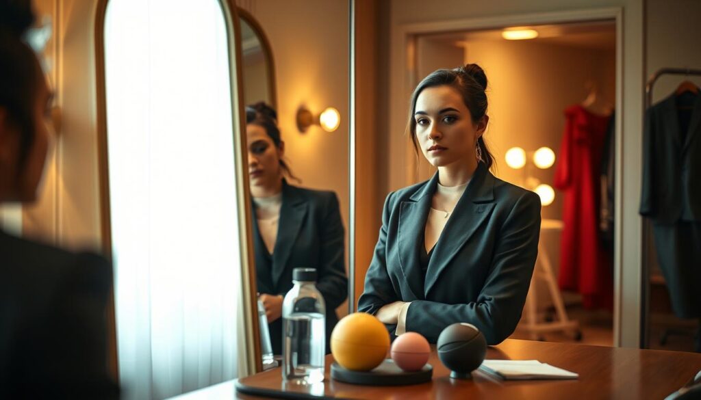 A serene, professional-looking individual stands in a well-lit dressing room, preparing for a performance. They are dressed in smart business attire, looking introspective yet focused, with a gentle hint of nervousness in their expression. The foreground features a stylish mirror reflecting their image, capturing the moment of self-reflection. In the middle ground, a table with a variety of relaxation tools like a water bottle, stress ball, and notes is visible, symbolizing preparation for overcoming stage fright. Soft, natural light filters through a nearby window, casting a warm glow in the room, creating a calm atmosphere. The background shows soft-focus backstage elements such as costumes and stage lights, enhancing the anticipation of the upcoming performance. Shot on a Sony A7R IV at 70mm, the image is sharply defined and beautifully composed.