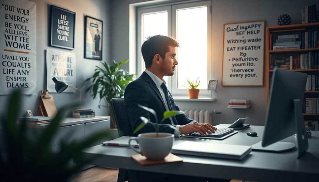 A serene workspace setting that evokes personal motivation. In the foreground, a person in professional business attire is engaged in thoughtful reflection, sitting at a modern desk surrounded by motivational quotes and inspiring imagery. In the middle, a large window lets in soft, natural light, illuminating a green plant and a cup of coffee, symbolizing energy and focus. In the background, a bookshelf filled with self-help books and a vision board filled with goals and dreams adds depth and intent to the scene. The image is shot with a Sony A7R IV at 70mm, creating a clear, sharply defined focus on the person while softly blurring the background. The overall mood is calm and inspiring, embodying the essence of personal motivation. A serene workspace setting that evokes personal motivation. In the foreground, a person in professional business attire is engaged in thoughtful reflection, sitting at a modern desk surrounded by motivational quotes and inspiring imagery. In the middle, a large window lets in soft, natural light, illuminating a green plant and a cup of coffee, symbolizing energy and focus. In the background, a bookshelf filled with self-help books and a vision board filled with goals and dreams adds depth and intent to the scene. The image is shot with a Sony A7R IV at 70mm, creating a clear, sharply defined focus on the person while softly blurring the background. The overall mood is calm and inspiring, embodying the essence of personal motivation.