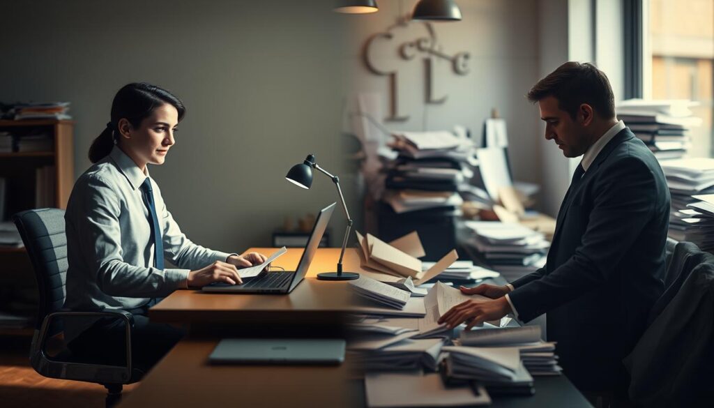 A split image illustrating the contrast between functional and dysfunctional perfectionism. In the foreground, on the left side, a professional individual dressed in business attire with a calm, focused expression, working efficiently at a desk with a clean workspace, surrounded by organized papers and a laptop, bathed in soft, natural light. On the right side, a stressed individual in professional attire, surrounded by a cluttered workspace filled with crumpled papers and an overflowing desk, looking overwhelmed under harsh lighting. The middle ground features a gradient, transitioning from a serene atmosphere on the left to a chaotic, dark atmosphere on the right. Shot with a Sony A7R IV, 70mm lens, ensuring clear focus and sharp definition to emphasize the contrasts in mood and productivity.