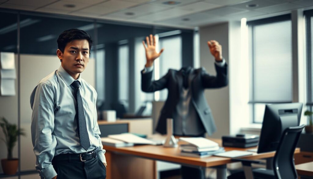 A tense office scene depicting a manager shouting at an employee, emphasizing conflict resolution. In the foreground, the employee stands with an expression of surprise and concern, dressed in professional business attire, while the manager, in the background, raises their hands in a vocal gesture. The middle ground shows a sleek modern office with a desk cluttered with paperwork and a computer, creating a professional atmosphere. Soft, diffused lighting highlights the characters, while a polarized filter adds clarity to the image. The angle captures the intensity of the moment, evoking emotions of stress yet hinting at the possibility of dialogue. The overall mood is serious yet constructive, setting the stage for conflict resolution. A tense office scene depicting a manager shouting at an employee, emphasizing conflict resolution. In the foreground, the employee stands with an expression of surprise and concern, dressed in professional business attire, while the manager, in the background, raises their hands in a vocal gesture. The middle ground shows a sleek modern office with a desk cluttered with paperwork and a computer, creating a professional atmosphere. Soft, diffused lighting highlights the characters, while a polarized filter adds clarity to the image. The angle captures the intensity of the moment, evoking emotions of stress yet hinting at the possibility of dialogue. The overall mood is serious yet constructive, setting the stage for conflict resolution.