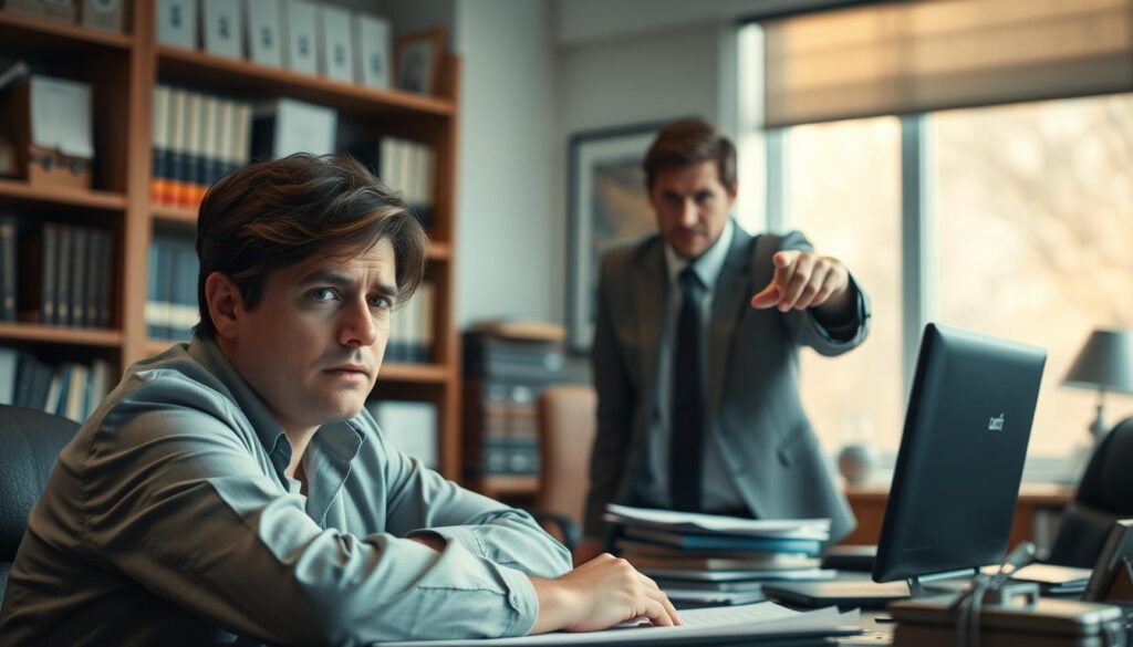 A tense office scene depicting a professional interaction, focusing on an employee in business attire, looking anxious and overwhelmed at their desk. In the foreground, the employee's expression reveals concern as they glance toward their boss. The middle ground features a heightened perspective of a stern-looking boss, dressed sharply in formal business attire, pointing emphatically, illustrating the conflict. The background shows an organized office environment with shelves of legal books and a window letting in soft, natural light, creating a contrast between the warmth outside and the tension inside. The overall mood is serious and contemplative, reflecting the complexity of workplace rights and challenges. Shot on a Sony A7R IV at 70mm, with clear focus and sharp definition, using a polarized filter to enhance the lighting. A tense office scene depicting a professional interaction, focusing on an employee in business attire, looking anxious and overwhelmed at their desk. In the foreground, the employee's expression reveals concern as they glance toward their boss. The middle ground features a heightened perspective of a stern-looking boss, dressed sharply in formal business attire, pointing emphatically, illustrating the conflict. The background shows an organized office environment with shelves of legal books and a window letting in soft, natural light, creating a contrast between the warmth outside and the tension inside. The overall mood is serious and contemplative, reflecting the complexity of workplace rights and challenges. Shot on a Sony A7R IV at 70mm, with clear focus and sharp definition, using a polarized filter to enhance the lighting.