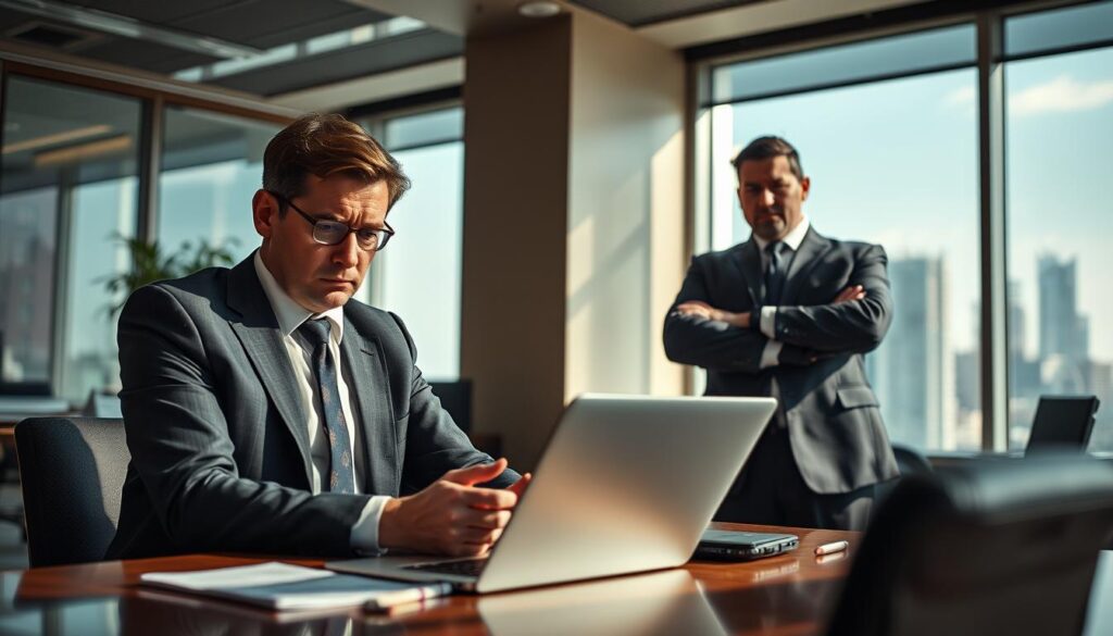 A tense office scene depicting a professional relationship between a competent employee and a narcissistic boss. In the foreground, a visibly stressed employee, wearing smart business attire, sits at a desk with a laptop, showing a look of deep contemplation and concern. The middle ground features the boss, dressed in an expensive suit, standing arrogantly with arms crossed, exuding dominance and confidence. The background includes an upscale office environment with modern decor, large windows letting in natural light, and a city skyline view. The atmosphere conveys tension and unease, accentuated by dramatic lighting that highlights the contrasting expressions of the two figures. Captured with a Sony A7R IV at 70mm, the image is sharply defined with a polarized filter, creating vivid colors and deep contrasts. A tense office scene depicting a professional relationship between a competent employee and a narcissistic boss. In the foreground, a visibly stressed employee, wearing smart business attire, sits at a desk with a laptop, showing a look of deep contemplation and concern. The middle ground features the boss, dressed in an expensive suit, standing arrogantly with arms crossed, exuding dominance and confidence. The background includes an upscale office environment with modern decor, large windows letting in natural light, and a city skyline view. The atmosphere conveys tension and unease, accentuated by dramatic lighting that highlights the contrasting expressions of the two figures. Captured with a Sony A7R IV at 70mm, the image is sharply defined with a polarized filter, creating vivid colors and deep contrasts.