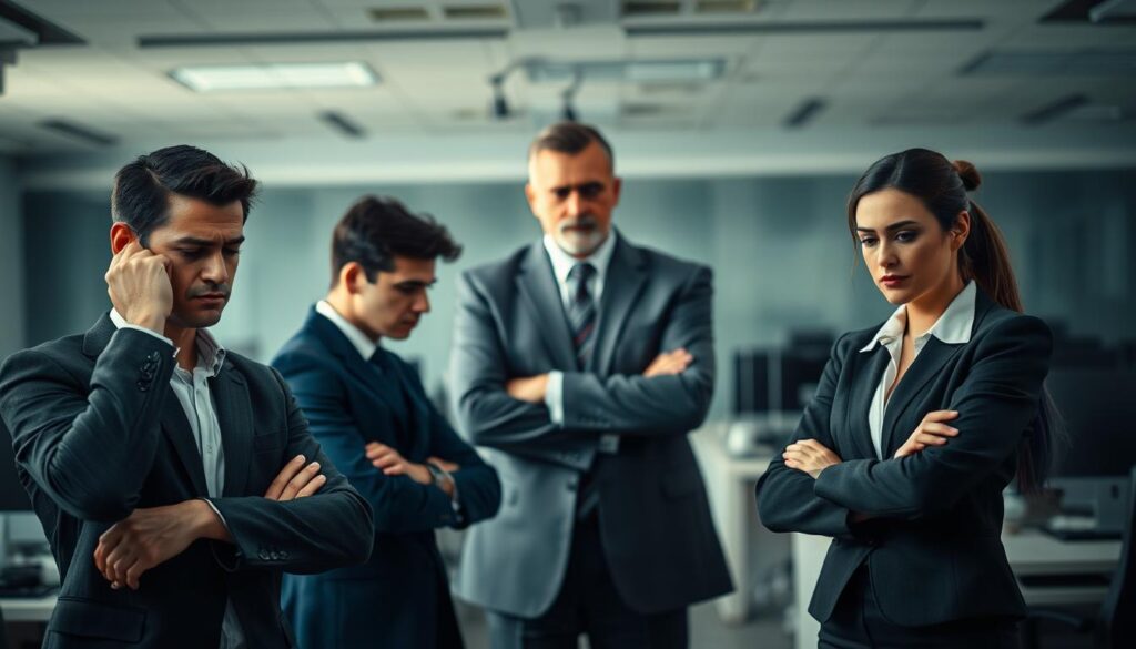 A tense office scene depicting the effects of a narcissistic boss on employees. In the foreground, two employees, a man and a woman in professional business attire, display expressions of stress and frustration. The man rubs his temples, while the woman crosses her arms defensively. In the middle ground, a stern boss stands with an authoritative posture, arms crossed, exuding an intimidating presence. The décor of the modern office is sleek, with neutral colors enhancing the somber mood. The background shows blurred cubicles and computers, suggesting a busy work environment. The lighting is harsh, creating deep shadows that add to the oppressive atmosphere. Shot on a Sony A7R IV at 70mm, with a polarized filter for clarity and sharp definition, highlighting the emotional weight of the scene. A tense office scene depicting the effects of a narcissistic boss on employees. In the foreground, two employees, a man and a woman in professional business attire, display expressions of stress and frustration. The man rubs his temples, while the woman crosses her arms defensively. In the middle ground, a stern boss stands with an authoritative posture, arms crossed, exuding an intimidating presence. The décor of the modern office is sleek, with neutral colors enhancing the somber mood. The background shows blurred cubicles and computers, suggesting a busy work environment. The lighting is harsh, creating deep shadows that add to the oppressive atmosphere. Shot on a Sony A7R IV at 70mm, with a polarized filter for clarity and sharp definition, highlighting the emotional weight of the scene.