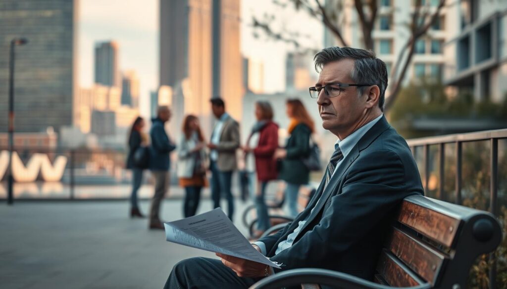 A thoughtful scene depicting the challenges faced by long-term unemployed individuals in a modern urban environment. In the foreground, a middle-aged man in professional attire sits on a bench, looking pensive, with a resume in hand, reflecting frustration and uncertainty. In the middle ground, a diverse group of people engages in conversation, with some offering support and guidance, showcasing a sense of community resilience. In the background, a cityscape is visible, emphasizing the bustling world outside, subtly contrasting the personal struggles of the individuals. The lighting is soft yet direct, capturing the nuances of a late afternoon, with a warm, hopeful atmosphere. Shot on a Sony A7R IV at 70mm, ensuring clear focus and sharp definition, with a polarized filter enhancing the colors of the urban setting. A thoughtful scene depicting the challenges faced by long-term unemployed individuals in a modern urban environment. In the foreground, a middle-aged man in professional attire sits on a bench, looking pensive, with a resume in hand, reflecting frustration and uncertainty. In the middle ground, a diverse group of people engages in conversation, with some offering support and guidance, showcasing a sense of community resilience. In the background, a cityscape is visible, emphasizing the bustling world outside, subtly contrasting the personal struggles of the individuals. The lighting is soft yet direct, capturing the nuances of a late afternoon, with a warm, hopeful atmosphere. Shot on a Sony A7R IV at 70mm, ensuring clear focus and sharp definition, with a polarized filter enhancing the colors of the urban setting.