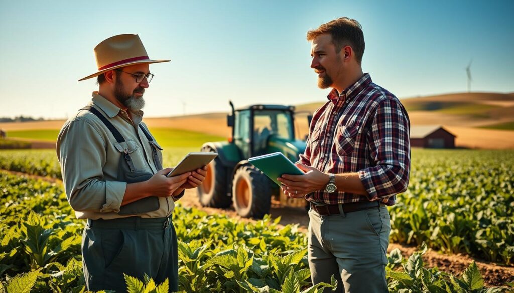 A vibrant agricultural scene showcasing various agricultural professions and their requirements. In the foreground, a diverse group of two professionals in modest, professional attire: a farmer with a tablet discussing crop health with an agronomist, surrounded by lush fields of crops. In the middle ground, a modern tractor plows the fields under a clear blue sky, highlighting the blend of technology in agriculture. The background features rolling hills with a barn and wind turbines, representing sustainability. The image should convey a productive and innovative atmosphere, with warm, natural lighting reflecting the sun’s rays. Shot with a Sony A7R IV at 70mm, emphasizing clarity and detail with a polarized filter for vibrant colors. A vibrant agricultural scene showcasing various agricultural professions and their requirements. In the foreground, a diverse group of two professionals in modest, professional attire: a farmer with a tablet discussing crop health with an agronomist, surrounded by lush fields of crops. In the middle ground, a modern tractor plows the fields under a clear blue sky, highlighting the blend of technology in agriculture. The background features rolling hills with a barn and wind turbines, representing sustainability. The image should convey a productive and innovative atmosphere, with warm, natural lighting reflecting the sun’s rays. Shot with a Sony A7R IV at 70mm, emphasizing clarity and detail with a polarized filter for vibrant colors.