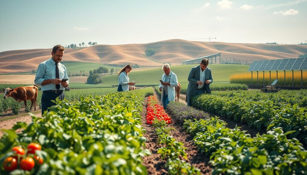 A vibrant and detailed scene illustrating agricultural specialization, showcasing a diverse range of farming activities. In the foreground, a professional farmer in business attire examines a lush row of specialty crops, like heirloom tomatoes and organic herbs, reflecting advanced agricultural techniques. The middle section features various farming specialists working collaboratively; a veterinarian caring for livestock, an agronomist analyzing soil samples, and a horticulturist tending to a greenhouse full of exotic plants. In the background, rolling hills display a patchwork of fields, with modern farm equipment and solar panels glinting in the sunlight. The atmosphere is bright and hopeful, captured with soft natural lighting, shot on a Sony A7R IV at 70mm, creating a sharp focus and rich detail throughout the image. A vibrant and detailed scene illustrating agricultural specialization, showcasing a diverse range of farming activities. In the foreground, a professional farmer in business attire examines a lush row of specialty crops, like heirloom tomatoes and organic herbs, reflecting advanced agricultural techniques. The middle section features various farming specialists working collaboratively; a veterinarian caring for livestock, an agronomist analyzing soil samples, and a horticulturist tending to a greenhouse full of exotic plants. In the background, rolling hills display a patchwork of fields, with modern farm equipment and solar panels glinting in the sunlight. The atmosphere is bright and hopeful, captured with soft natural lighting, shot on a Sony A7R IV at 70mm, creating a sharp focus and rich detail throughout the image.