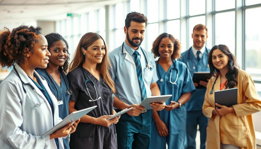 A vibrant and dynamic scene showcasing the diversity of medical professions. In the foreground, a diverse group of healthcare professionals, including doctors, nurses, and therapists, dressed in professional attire, engage in collaboration. Their expressions reflect focus and dedication, portraying teamwork in a healthcare setting. In the middle ground, various medical tools and technology, such as stethoscopes, tablets, and charts, are visibly arranged, representing the tools of their trade. The background features a modern hospital or clinic interior, with bright, well-lit spaces that convey professionalism and care. The lighting is bright and natural, simulating sunlight through large windows. Shot with a Sony A7R IV at 70mm, the image is sharply defined, with a polarized filter enhancing colors and contrast, creating an atmosphere of hope and innovation in healthcare. A vibrant and dynamic scene showcasing the diversity of medical professions. In the foreground, a diverse group of healthcare professionals, including doctors, nurses, and therapists, dressed in professional attire, engage in collaboration. Their expressions reflect focus and dedication, portraying teamwork in a healthcare setting. In the middle ground, various medical tools and technology, such as stethoscopes, tablets, and charts, are visibly arranged, representing the tools of their trade. The background features a modern hospital or clinic interior, with bright, well-lit spaces that convey professionalism and care. The lighting is bright and natural, simulating sunlight through large windows. Shot with a Sony A7R IV at 70mm, the image is sharply defined, with a polarized filter enhancing colors and contrast, creating an atmosphere of hope and innovation in healthcare.