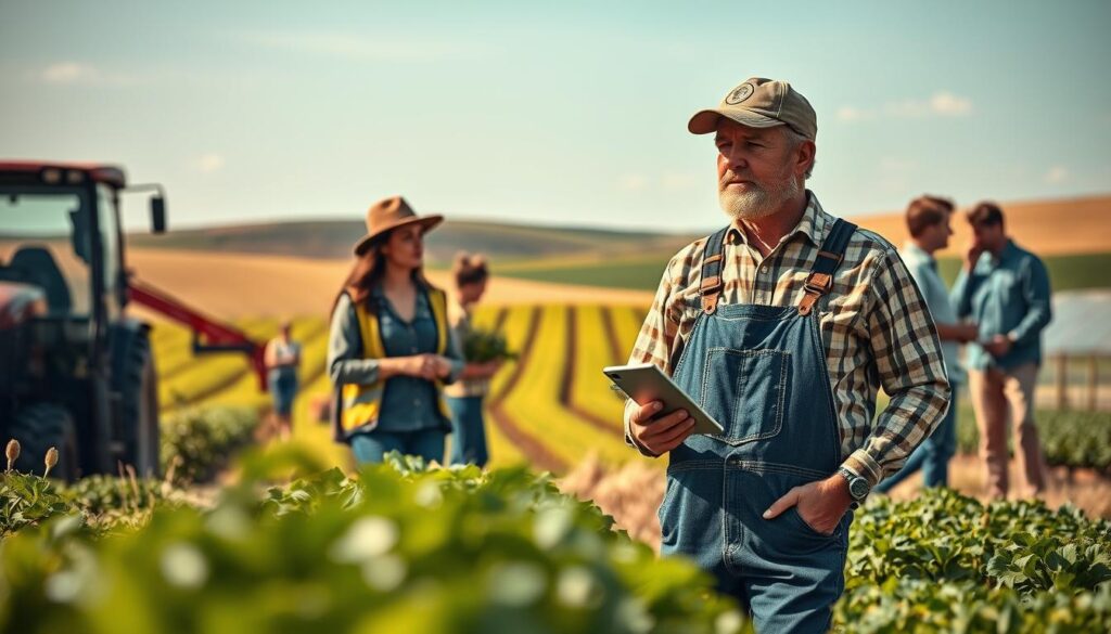 A vibrant scene illustrating diverse career paths in agriculture, with a foreground featuring a young professional in business attire, holding a tablet and engaged in conversation with an older farmer wearing a cap and denim overalls. In the middle ground, various agricultural workers are depicted: a woman in safety gear operating farm machinery, a researcher examining plants in a laboratory, and a couple of individuals discussing farm management near a greenhouse. The background showcases rolling fields and a bright, clear sky, symbolizing growth and opportunity. Soft, natural lighting enhances the scene, captured with a Sony A7R IV at 70mm for sharp detail and clarity, conveying an atmosphere of innovation and collaboration in the agricultural sector. A vibrant scene illustrating diverse career paths in agriculture, with a foreground featuring a young professional in business attire, holding a tablet and engaged in conversation with an older farmer wearing a cap and denim overalls. In the middle ground, various agricultural workers are depicted: a woman in safety gear operating farm machinery, a researcher examining plants in a laboratory, and a couple of individuals discussing farm management near a greenhouse. The background showcases rolling fields and a bright, clear sky, symbolizing growth and opportunity. Soft, natural lighting enhances the scene, captured with a Sony A7R IV at 70mm for sharp detail and clarity, conveying an atmosphere of innovation and collaboration in the agricultural sector.
