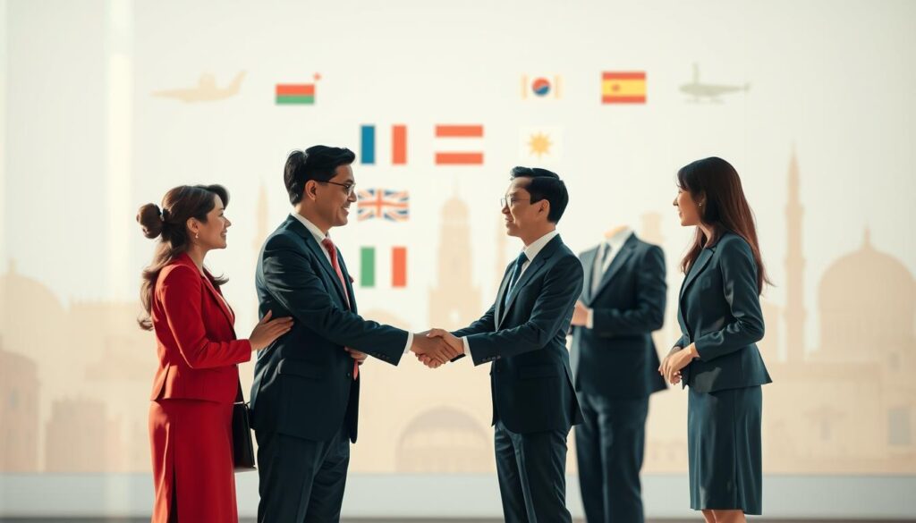 A visually captivating illustration exploring the concept of greetings in various international cultures. In the foreground, a diverse group of three professionals in business attire, representing different cultural backgrounds, exchanging greetings with warm smiles and gestures. The middle ground features symbols and traditional greeting icons from various countries, such as a handshake, bowing, and cheek kissing, artistically arranged to highlight cultural diversity. The background showcases a soft gradient of colors suggesting unity, with faint outlines of cultural landmarks blending harmoniously. The lighting is bright and inviting, mimicking natural daylight, with a focus on creating a friendly and respectful atmosphere. The image is shot with a Sony A7R IV at 70mm, ensuring clarity and sharpness with a polarized filter enhancing color vibrancy. A visually captivating illustration exploring the concept of greetings in various international cultures. In the foreground, a diverse group of three professionals in business attire, representing different cultural backgrounds, exchanging greetings with warm smiles and gestures. The middle ground features symbols and traditional greeting icons from various countries, such as a handshake, bowing, and cheek kissing, artistically arranged to highlight cultural diversity. The background showcases a soft gradient of colors suggesting unity, with faint outlines of cultural landmarks blending harmoniously. The lighting is bright and inviting, mimicking natural daylight, with a focus on creating a friendly and respectful atmosphere. The image is shot with a Sony A7R IV at 70mm, ensuring clarity and sharpness with a polarized filter enhancing color vibrancy.