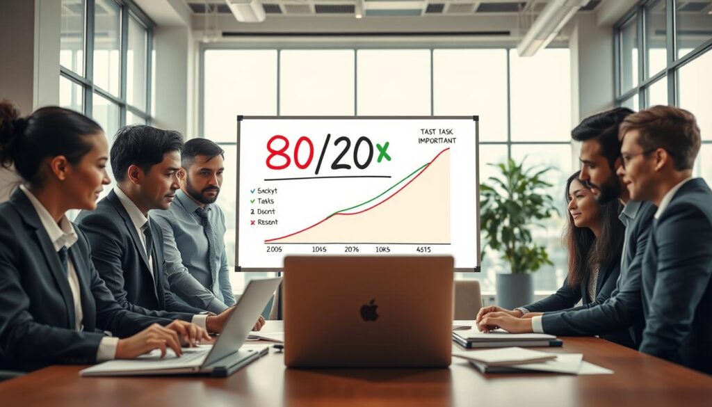 A visually engaging representation of the "Pareto Principle" in a business setting, focusing on key tasks. In the foreground, a diverse group of professionals in business attire collaborates over an open laptop and charts, highlighting their discussion on task prioritization. In the middle, a large whiteboard displays a clear graph illustrating the 80/20 rule with bold colors, pointing to the most important tasks. In the background, a bright and modern office environment with large windows allows natural light to flood in, creating an energetic and motivating atmosphere. The image is captured at a 70mm focal length using a Sony A7R IV, with crisp detail and vibrant colors enhanced by a polarized filter, emphasizing clarity and focus on productivity and efficiency. A visually engaging representation of the "Pareto Principle" in a business setting, focusing on key tasks. In the foreground, a diverse group of professionals in business attire collaborates over an open laptop and charts, highlighting their discussion on task prioritization. In the middle, a large whiteboard displays a clear graph illustrating the 80/20 rule with bold colors, pointing to the most important tasks. In the background, a bright and modern office environment with large windows allows natural light to flood in, creating an energetic and motivating atmosphere. The image is captured at a 70mm focal length using a Sony A7R IV, with crisp detail and vibrant colors enhanced by a polarized filter, emphasizing clarity and focus on productivity and efficiency.