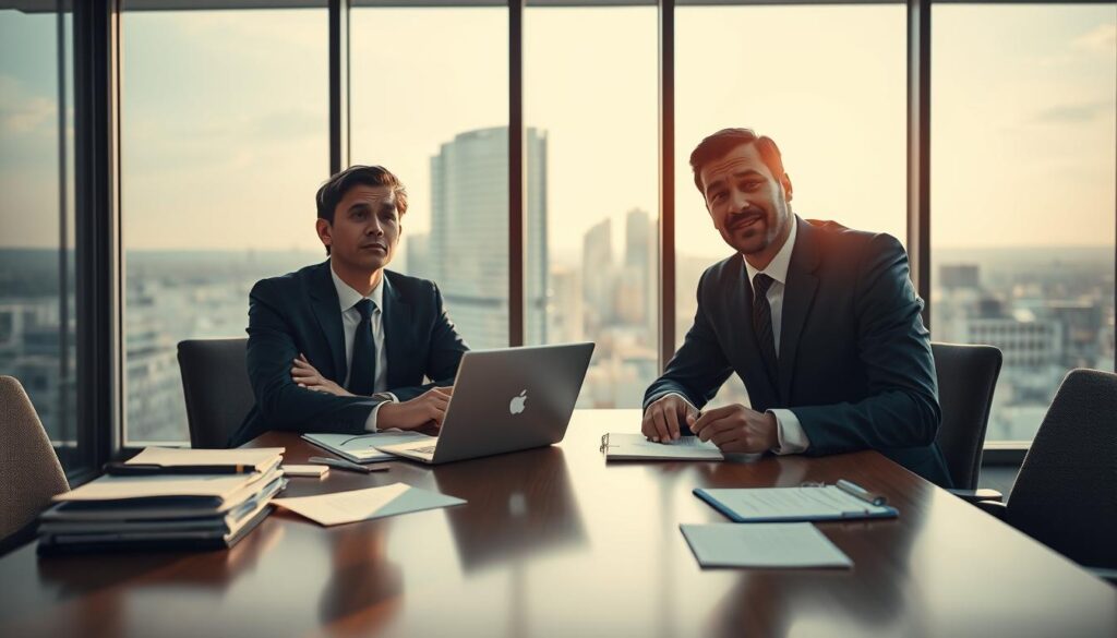 A visually engaging scene depicting a professional business meeting where two individuals, dressed in smart attire, are sitting at a conference table. They are shown having a friendly but confused conversation, with expressions that reflect misunderstandings. On one side, a stack of documents and a laptop are present, while on the other, a notepad displays unclear notes. In the middle ground, a large window reveals a bright, sunlit cityscape, symbolizing open communication. The ambient lighting is soft, emphasizing a warm atmosphere, while the shot is taken with a Sony A7R IV at 70mm, ensuring clear focus on the subjects. A polarized filter enhances the colors, adding depth to the scene, inviting viewers to reflect on the nuances of effective communication. A visually engaging scene depicting a professional business meeting where two individuals, dressed in smart attire, are sitting at a conference table. They are shown having a friendly but confused conversation, with expressions that reflect misunderstandings. On one side, a stack of documents and a laptop are present, while on the other, a notepad displays unclear notes. In the middle ground, a large window reveals a bright, sunlit cityscape, symbolizing open communication. The ambient lighting is soft, emphasizing a warm atmosphere, while the shot is taken with a Sony A7R IV at 70mm, ensuring clear focus on the subjects. A polarized filter enhances the colors, adding depth to the scene, inviting viewers to reflect on the nuances of effective communication.