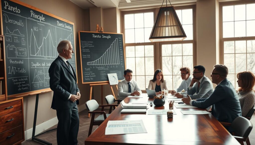 A visually engaging scene illustrating the origin of the Pareto Principle, featuring an elegantly designed office environment. In the foreground, a professional male economist, dressed in a sharp suit, stands beside a large chalkboard filled with diagrams and statistics demonstrating the Pareto distribution. In the middle ground, a group of diverse scholars, both male and female, are seated around a polished wooden table, deeply engaged in discussion, with charts and graphs scattered before them. The background shows large windows allowing natural light to pour in, creating a warm, inviting atmosphere accentuated by soft shadows. Captured using a Sony A7R IV at 70mm, with a sharply defined focus on the scholars and the chalkboard, enhancing the overall sense of productivity and collaboration. A visually engaging scene illustrating the origin of the Pareto Principle, featuring an elegantly designed office environment. In the foreground, a professional male economist, dressed in a sharp suit, stands beside a large chalkboard filled with diagrams and statistics demonstrating the Pareto distribution. In the middle ground, a group of diverse scholars, both male and female, are seated around a polished wooden table, deeply engaged in discussion, with charts and graphs scattered before them. The background shows large windows allowing natural light to pour in, creating a warm, inviting atmosphere accentuated by soft shadows. Captured using a Sony A7R IV at 70mm, with a sharply defined focus on the scholars and the chalkboard, enhancing the overall sense of productivity and collaboration.