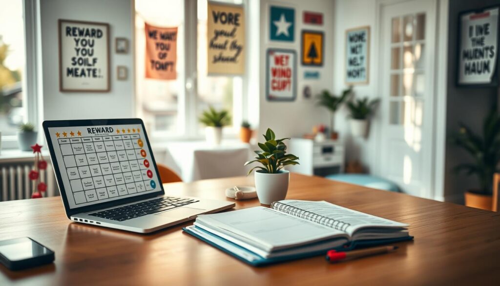 A visually engaging workspace scene depicting a reward system for self-motivation. In the foreground, a modern desk features a colorful reward chart filled with stickers and stars, symbolizing achievements. A laptop is open, displaying motivational quotes and a checklist. In the middle, a neatly organized planner lies alongside a small plant, adding a touch of life to the space. The background showcases a cozy, well-lit office environment with motivational posters on the walls and a window allowing natural light to flood the room. The overall mood is inspiring and productive, emphasizing a sense of accomplishment and ambition. The image is shot on a Sony A7R IV at 70mm, ensuring sharp focus and vivid colors, enhanced with a polarized filter for clarity. A visually engaging workspace scene depicting a reward system for self-motivation. In the foreground, a modern desk features a colorful reward chart filled with stickers and stars, symbolizing achievements. A laptop is open, displaying motivational quotes and a checklist. In the middle, a neatly organized planner lies alongside a small plant, adding a touch of life to the space. The background showcases a cozy, well-lit office environment with motivational posters on the walls and a window allowing natural light to flood the room. The overall mood is inspiring and productive, emphasizing a sense of accomplishment and ambition. The image is shot on a Sony A7R IV at 70mm, ensuring sharp focus and vivid colors, enhanced with a polarized filter for clarity.