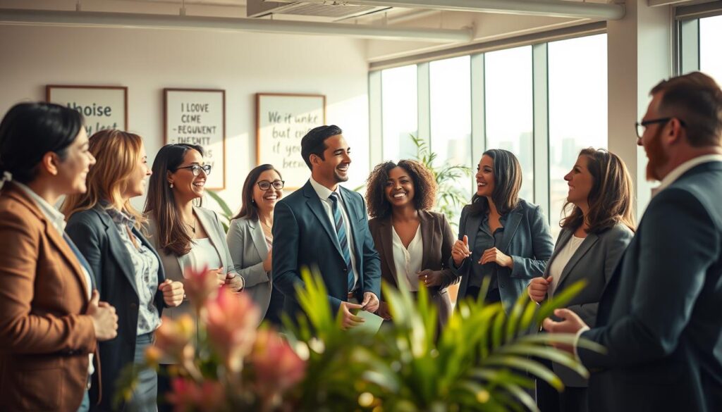 A warm and inviting scene depicting positive interactions. In the foreground, a diverse group of professionals, dressed in smart business attire, engage in animated conversation and laughter, showcasing unity and collaboration. The middle ground features a bright, airy office environment with large windows allowing natural light to filter in, enhancing the cheerful atmosphere. Potted plants and motivational artwork subtly enhance the inviting warmth. In the background, a hint of a cityscape is visible, symbolizing connection and opportunity. The image is shot with a Sony A7R IV at 70mm, sharply focused with a polarized filter to enhance clarity and vibrancy. The overall mood is uplifting and energizing, reflecting the power of positive interactions.