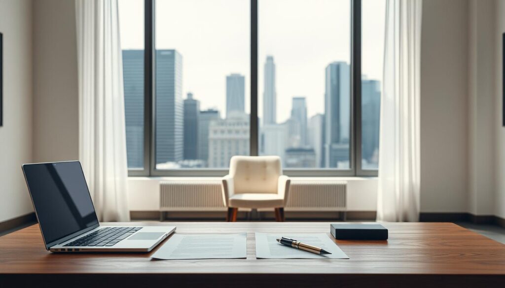 A wide, well-lit interior office setting, with a large window overlooking a modern city skyline. In the foreground, a wooden desk with a laptop, pen, and documents, symbolizing the legal and administrative aspects of employment law. In the middle ground, a simple but elegant chair, representing the decision-making process. The background features a neutral, calming color palette, with a sense of professionalism and authority. The lighting is soft and diffused, creating a serene, contemplative atmosphere. Shot on a Sony A7R IV with a 70mm lens, the image is sharply defined and has a polarized filter, giving it a refined, polished look. A wide, well-lit interior office setting, with a large window overlooking a modern city skyline. In the foreground, a wooden desk with a laptop, pen, and documents, symbolizing the legal and administrative aspects of employment law. In the middle ground, a simple but elegant chair, representing the decision-making process. The background features a neutral, calming color palette, with a sense of professionalism and authority. The lighting is soft and diffused, creating a serene, contemplative atmosphere. Shot on a Sony A7R IV with a 70mm lens, the image is sharply defined and has a polarized filter, giving it a refined, polished look.
