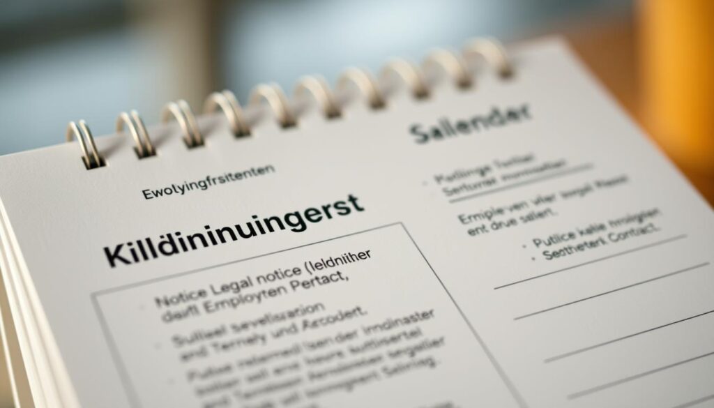 Shot on Sony A7R IV at 70mm, a polarized filter captures a crisp, focused image of a calendar displaying "Kündigungsfristen" - the legal notice periods for terminating employment contracts. The calendar pages are sharply defined against a blurred background, conveying a sense of important details and deadlines. The lighting is clear and natural, highlighting the calendar's formal, official appearance. The overall mood is one of precision and attention to detail, reflecting the critical nature of employment termination procedures. Shot on Sony A7R IV at 70mm, a polarized filter captures a crisp, focused image of a calendar displaying "Kündigungsfristen" - the legal notice periods for terminating employment contracts. The calendar pages are sharply defined against a blurred background, conveying a sense of important details and deadlines. The lighting is clear and natural, highlighting the calendar's formal, official appearance. The overall mood is one of precision and attention to detail, reflecting the critical nature of employment termination procedures.